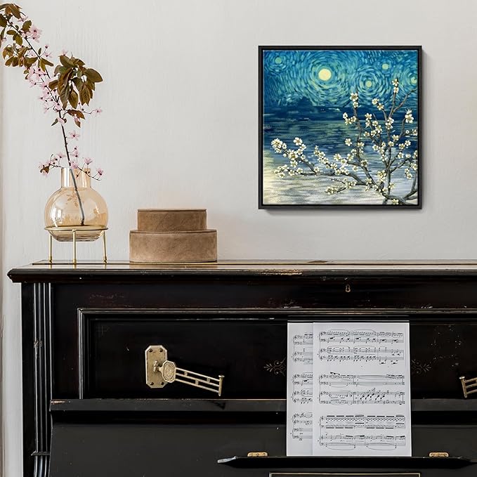 Framed Wall Art Bathroom Décor Modern Floral Tree Canvas Picture Plum Blossom Starry Night Flower Canvas Print Abstract Lake Blue Teal Yellow Painting for Modern Living Room Bedroom Office Décor Small