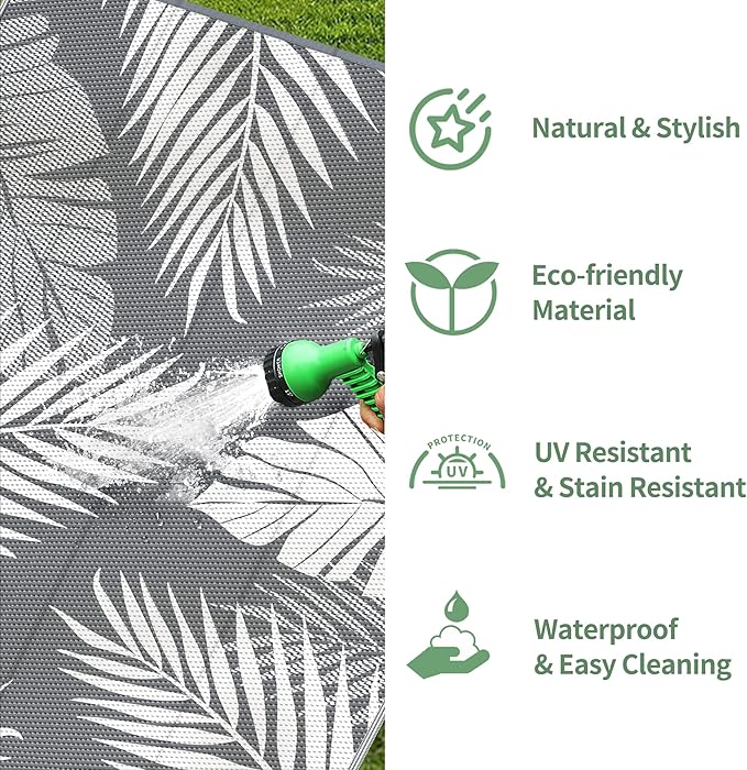 GENIMO Outdoor Rug 9' x 12' Waterproof for Patios Clearance, Reversible Plastic Straw Camping Carpet, Large Area Rugs Mats RV, Picnic, Backyard, Deck, Balcony, Porch, Beach, Grey&White