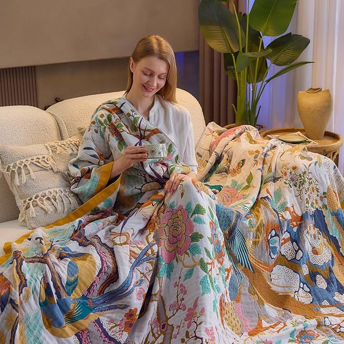 Fall Throw Blanket for Couch, Yellow Boho Decorative Throw Blanket, 100% Cotton Muslin Breathable Woven Farmhouse Blankets Quilt, 60"x80" Reversible Lightweight Blankets Bohemian Throw Quilt