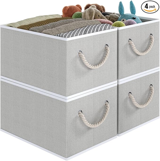 Closet Storage Bins, Linen Closet Organizers and Storage Basket for Shelves, Collapsible Shelf Baskets for Organizing Shelves, Bedroom Clothes Basket, Gray, 3 Pack