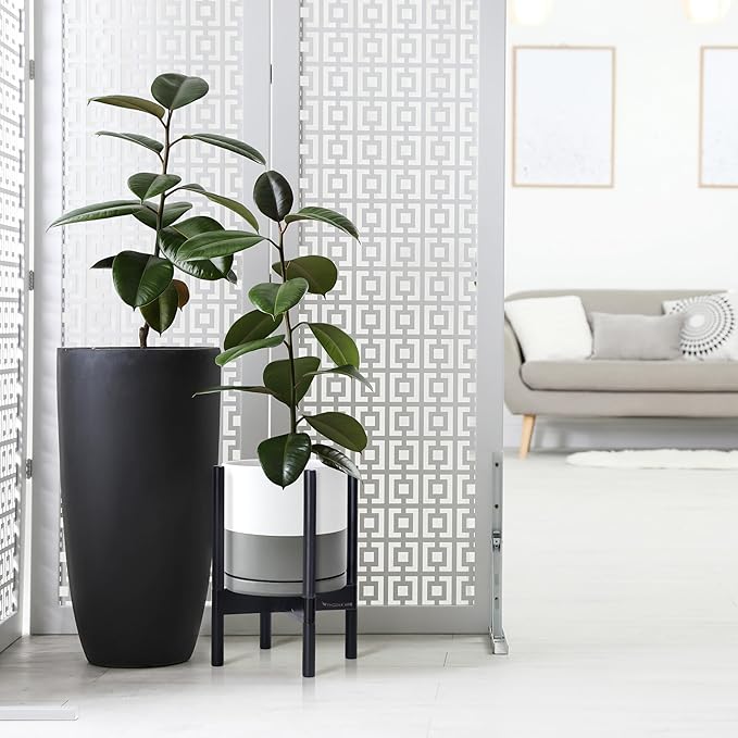 D'vine Dev Ceramic Planter with Ebony Stand - 10 Inch Modern Round Flower Pot with Wood Planter Holder, White/Grey, 55-B-L-6