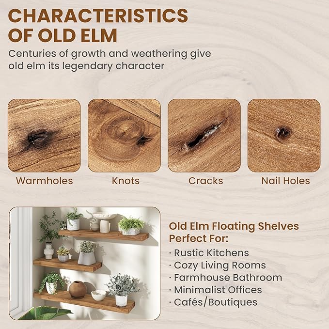 72" Floating Shelves for Wall, Rustic Elm Wood Floating Shelf for Home Decor, Wall-Mounted Display Shelves with Heavy-Duty Bracket, Long Floating Shelf for Bathroom, Kitchen, Natural Color