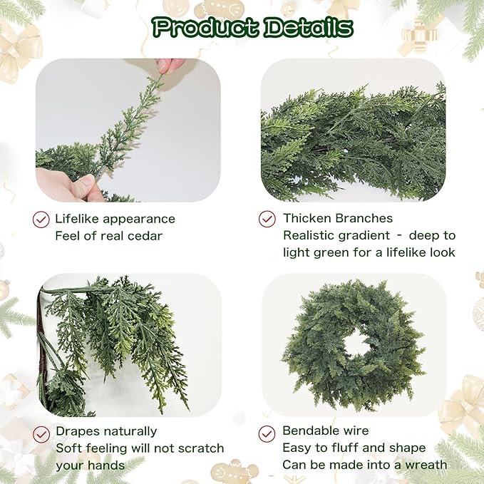 Christmas Cedar Garland Artificial Real Touch Thickness Realistic Greenery Pine Garland for Mantle Fireplace Outdoor Indoor Christmas Decorations 5FT