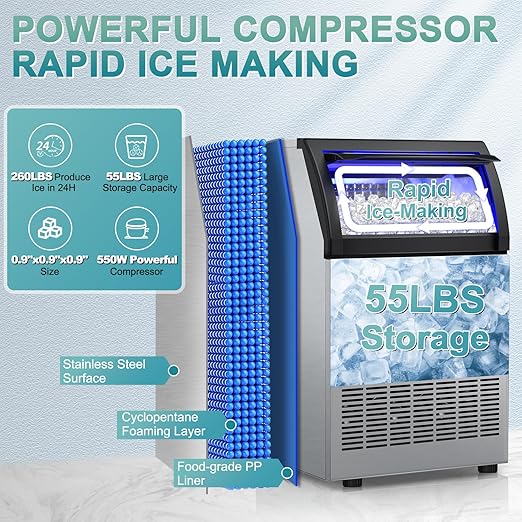 Commercial Ice Maker 260Lbs/24H, Ice Machine 72pcs Ice Cubes, Freestanding Ice Maker Machine with Water Line and Filter, 55Lbs Storage Ice Bin, Stainless Steel Undercounter Ice Maker for Home,Shop,Bar