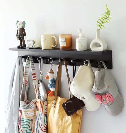 Entrance Coat Rack ，Coat Hooks, Wall-Mounted Wooden Hook Rack, Wall-Mounted Shelves are Very Suitable (Black Finish-2)