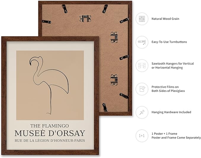 Poster Master Vintage Poster - Retro Minimalist Print - Gift for Artist, Housewarming - Flamingo, Line Drawing, Sketch, Abstract - Wall Decor for Living Room, Bedroom, 11x14 Brown Framed