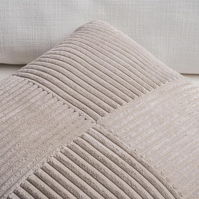 Fancy Homi Set of 2 Neutral Taupe Boho Long Lumbar Body Decorative Throw Pillow Cover 14x36 Inch for Bed Couch Bedroom Bench, Soft Patchwork Corduroy Textured Pillow Case, Farmhouse Room Decor