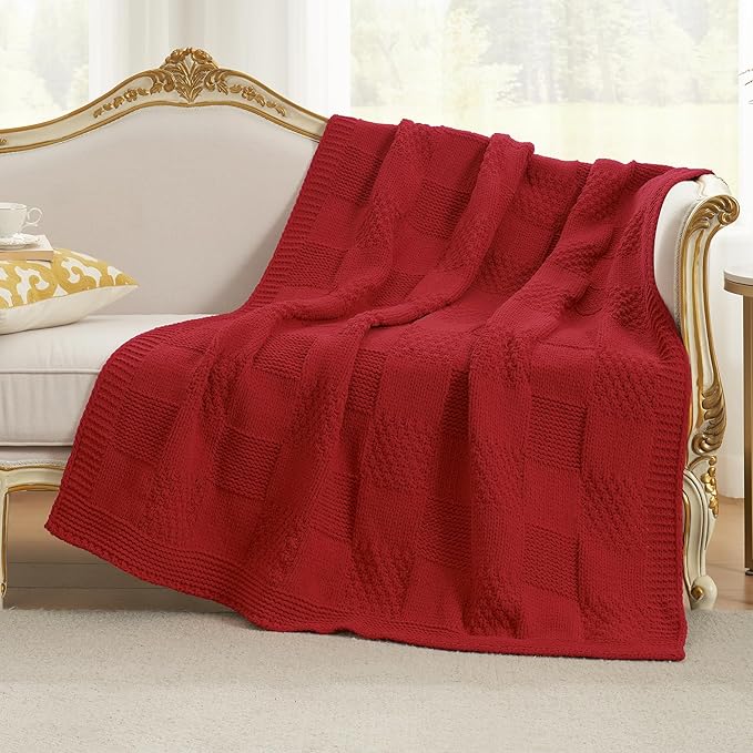 Amélie Home Chenille Knit Throw Blanket for Couch, Checkered Texture Decorative Soft Blanket for Sofa, Bed & Living Room, 50"x60", Red