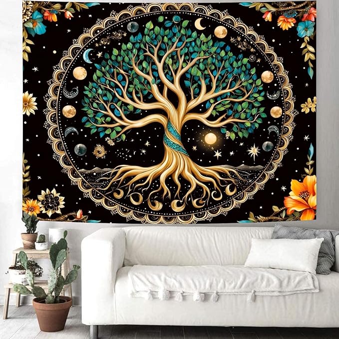 Delur Tree of Life Tapestry Moon Phase Nature Flower Plant Tapestry Wall Hanging Boho Mandala Spiritual Sun Aesthetic Psychedelic Headboard for Bedroom Living Room Home Decor (59.1" x 78.7")