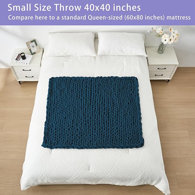 Bigacogo Chunky Knit Throw Blanket for Couch, 40x40 inches, 100% Hand Knitted with Thick Jumbo Chenille Yarn, Cozy Soft Large Rope Knot Cable Crochet Blankets for Sofa Bed Living Room, Deep Sea Blue