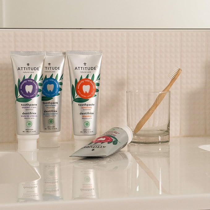 ATTITUDE Toothpaste with Fluoride, Prevents Tooth Decay and Cavities, Vegan, Cruelty-Free and Sugar-Free, Sensitive, Spearmint, 4.2 Oz (Pack of 2)