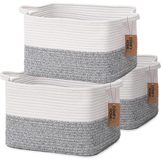 COMFY-HOMI 3-Pack Cotton Rope Woven Basket with Handles for Shelves, Book, Cloth Basket|Dog Toy Basket for Organizingy|13.5" x 11" x 9.5" for Bedroom（White/Grey）