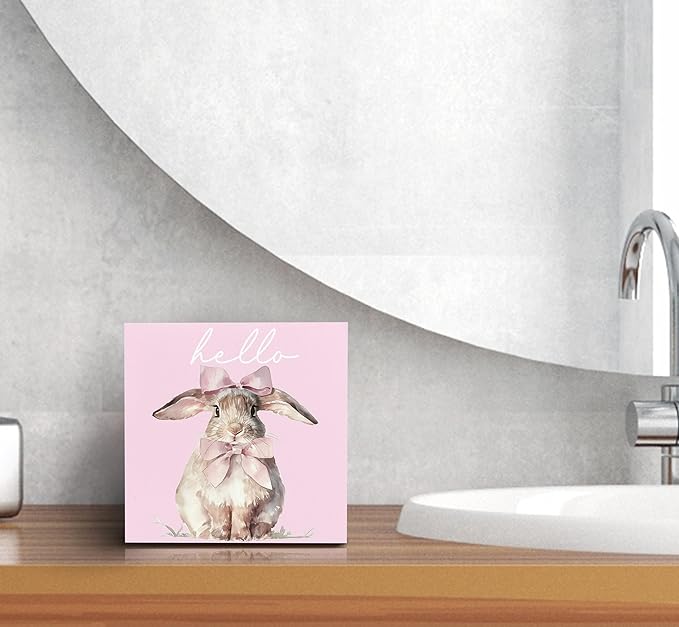 SRADMO Pink Coquette Bow Hello Bunny Wood Box Sign Desk Decor, Bunny Decorations, Easter Theme Wooden Block Box Sign Decoration for Home Office Shelf Table Decor