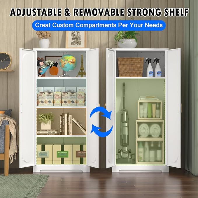 60" Tall Kitchen Pantry Cabinet, Metal Pantry Cabinet with Doors and Adjustable Shelves, White Utility Storage Cabinet with Handles for Dining Room, Bathroom, Laundry Room - Assemble Required