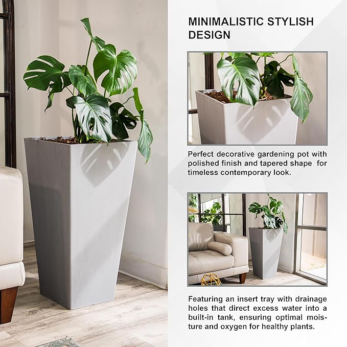 XBrand Modern 30-Inch Tall Square Planter, Tapered, Perfect for Indoor & Outdoor, Patio Decor, Set of 2, Gray