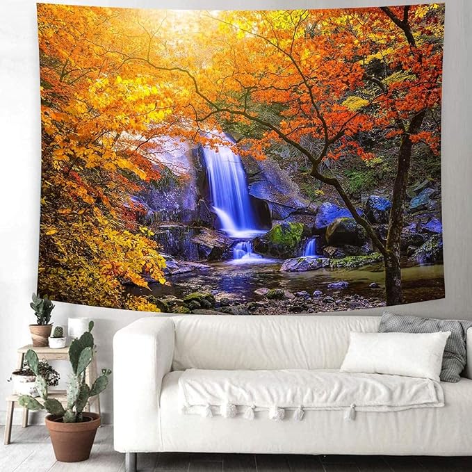 Delur Waterfall Tapestry Forest Nature Scenic Tree Mountain Sunset Tapestry Wall Hanging Natural Landscape Sunrise Headboard for Bedroom Living Room Home Decor (51.2" x 59.1")