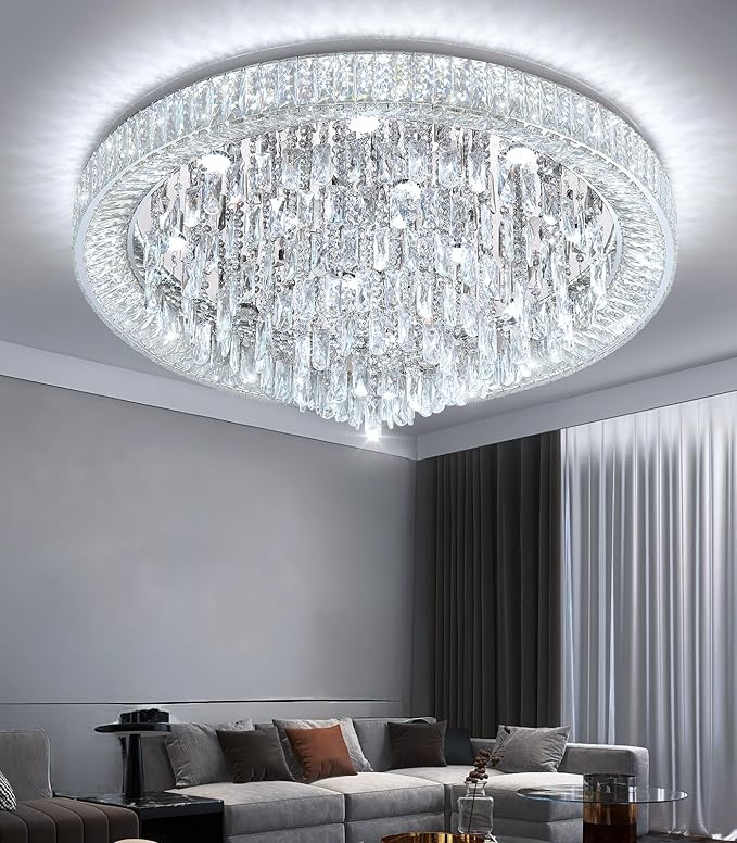 Crystal Chandeliers Modern LED Dimmable Flush Mount Ceiling Chandeliers for Living Room High Ceiling Entrance Foyer Bedroom Dining Room