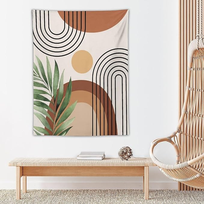 Abstract Bohemian Mid Century Tapestry, Tropical Leaves Modern Geometric Archway Minimalist Bohemian Botanical Aesthetic Wall Hanging, Sage Green Gold Home Decor Art for Bedroom 40x60 Inch