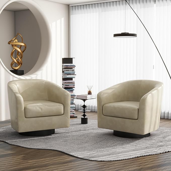 Swivel Barrel Accent Chair, Modern Round Faux Leather Arm Chair for Living Room, Bedroom, Comfy Club Reading Chairs for Adults, Faux Leather, Cream, Set of 1