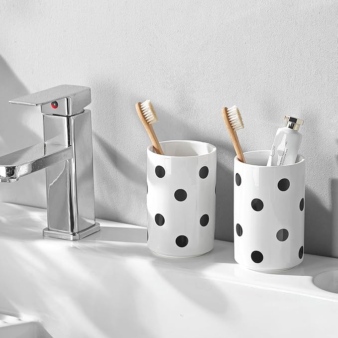 Black Polka Dot Ceramic Toothbrush Holders White - 2 Cups Toothbrush Holders for Bathrooms Toothbrush Toothpaste Holders, White Bathroom Tumbler Cups, Reusable Toothbrush Cups