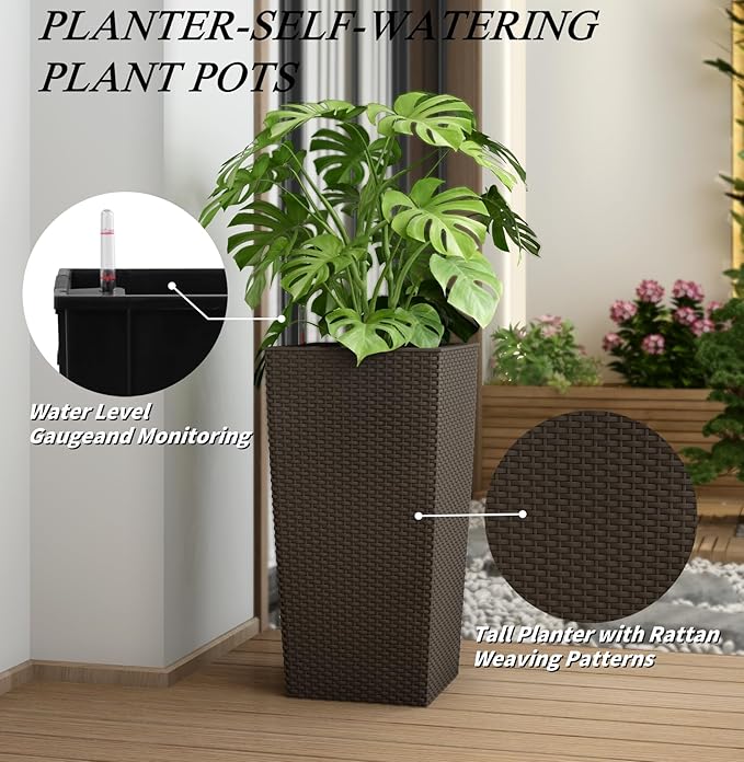 2Pcs 23in High Large Plant Pots Planter-Self-Watering,Modern Planter with Drain Holes,Water Level Monitor,Inner Bucket for Indoor/Outdoor Front Porch Patio,Brown Rattan