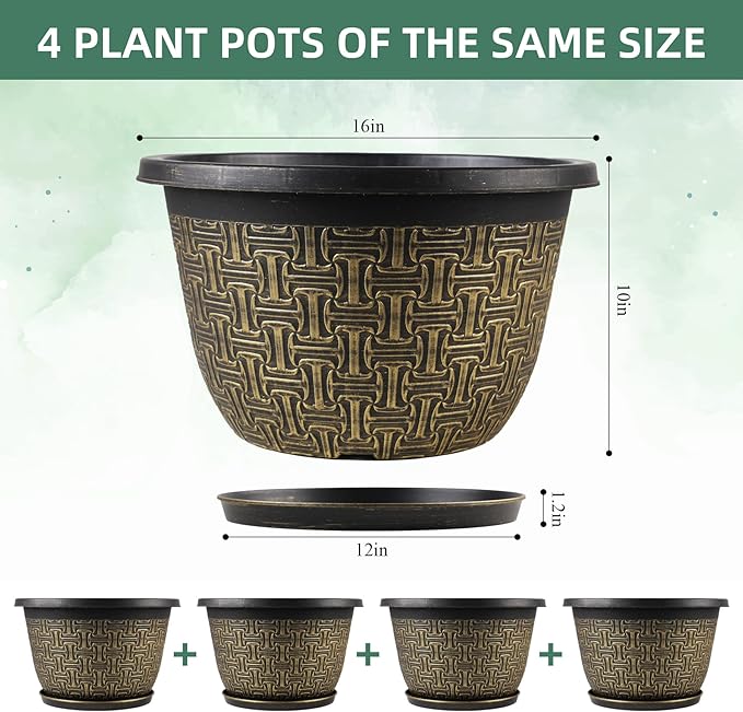 4 Pack 16 Inch Planter,Large Plastic Flower Pots Outdoor Indoor with Drainage Holes & Trays, Retro Antique Imitation Decorative Garden Plant Pots Outdoor for Houseplants