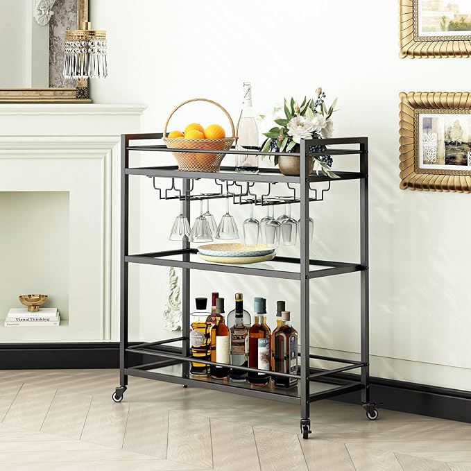 Glass Black Bar Carts for Home with Hanging Wine Rack - Home Bar Serving Cart with 3 Mirrored Shelves, Kitchen Bar Carts, Wine Cart for Entertaining, Club Party.