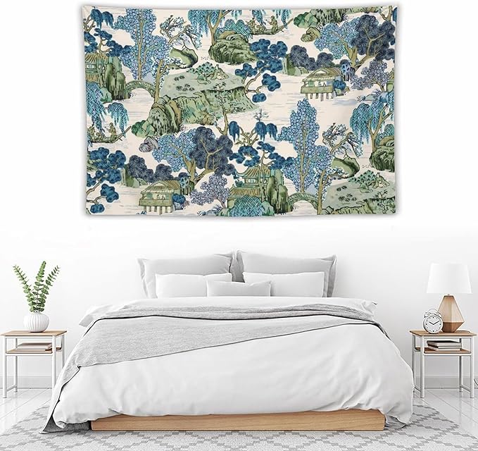 Chinoiserie Tapestry,Asian Watercolor Abstract Art Tapestry,Asian Japanese Wall Tapestry, Nature Landscape Tapestries for Bedroom Living Room Decor 60"x40"