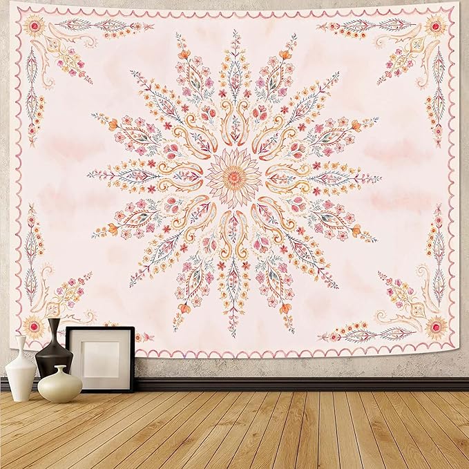 Fowocu Boho Floral Mandala Tapestry for Bedroom Aesthetic Pink Bohemian Flower Wall Tapestry Watercolor Hippie Indian Small Tapestries Wall Hanging for Living Room Dorm Decor 40 x 30 Inch