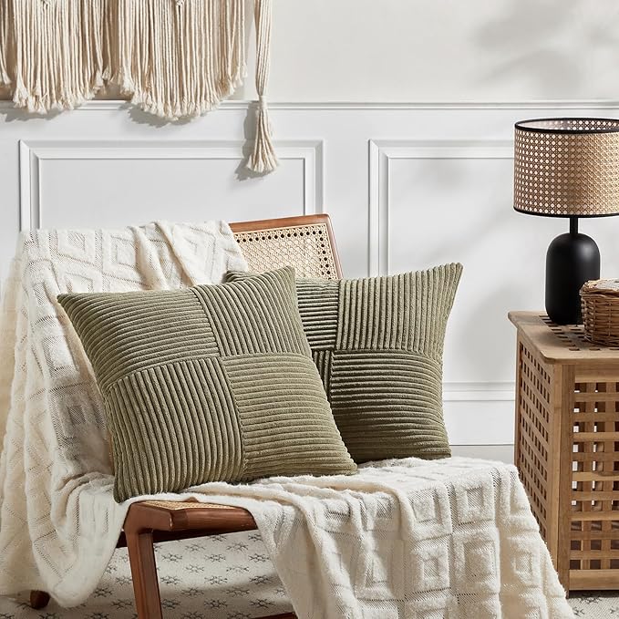 Fancy Homi 2 Packs Olive Green Decorative Throw Pillow Covers 16x16 Inch for Living Room Couch Bed, Rustic Farmhouse Boho Home Decor, Soft Corss Patchwork Corduroy Textured Cushion Case 40x40 cm