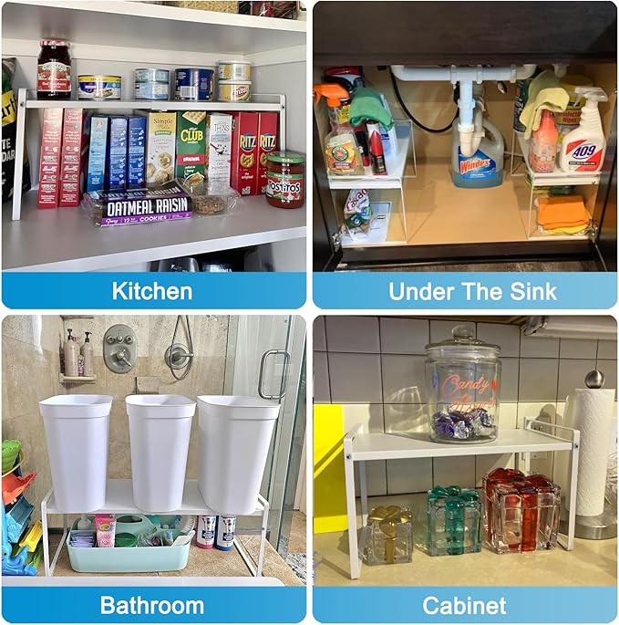 9'' Wide Expandable Cabinet Shelf Organizer Rack Adjustable Length 14''-26'' Pantry Shelf Spice Rack Heavy Duty Nonslip Kitchen Counter Storage Shelves Pantry Cupboard Under Sink Countertop White