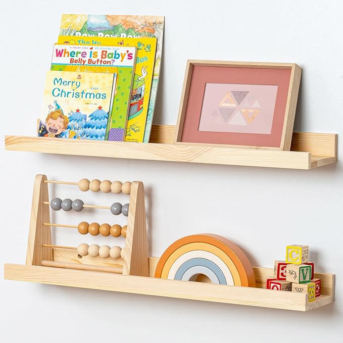 Picture Ledge Shelf for Wall, 24 inch Solid Pine Wood Nursery Book Shelves 2 Packs, Floating Ledge Shelves for Kids' Room Bedroom Bathroom Living Room Photo Frames Office Nursey Wall Decor, Natural