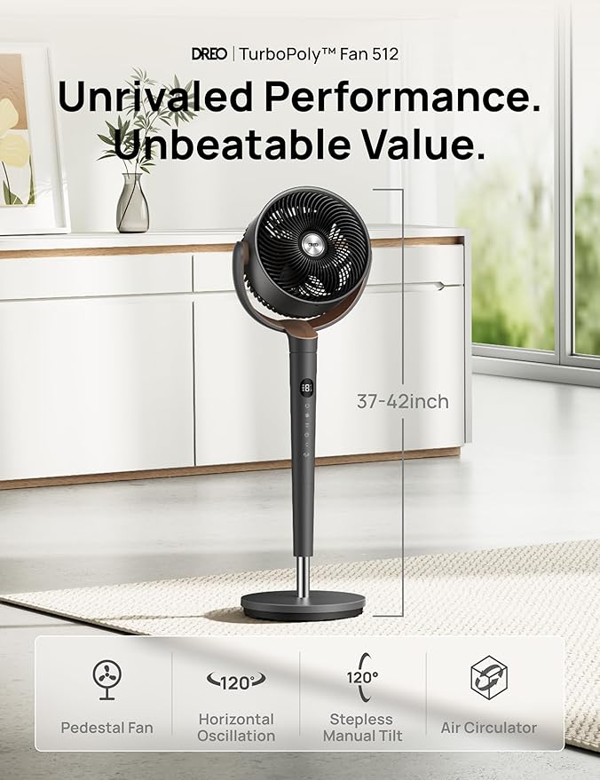 Dreo Fan for Bedroom, 120° Oscillating Standing Fans, Quiet Floor Fan with DC Motor, 100ft Pedestal Fans for Room, 9 Speeds, 4 modes, 20dB, 120° Manual Vertical, 37-42" Adjustable Height, 9H Timer