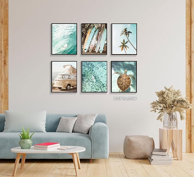 EVPYXFUT Set of 6 Tropical Beach Canvas Wall Art Surf Poster Summer Ocean Coastal Pictures Turtle Print Palm Tree Surfboard Gallery Paintings Nautical Bus Wall Decor for Bedroom Bathroom Unframed