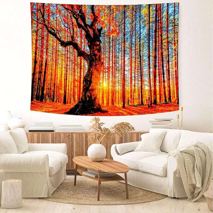 Delur Sunset Forest Tapestry Tree of Life Tropical Rainforest Landscape Tapestry Wall Hanging Scenic Nature Woodland Natural Sunrise Headboard for Bedroom Living Room Home Decor (59.1" x 78.7")
