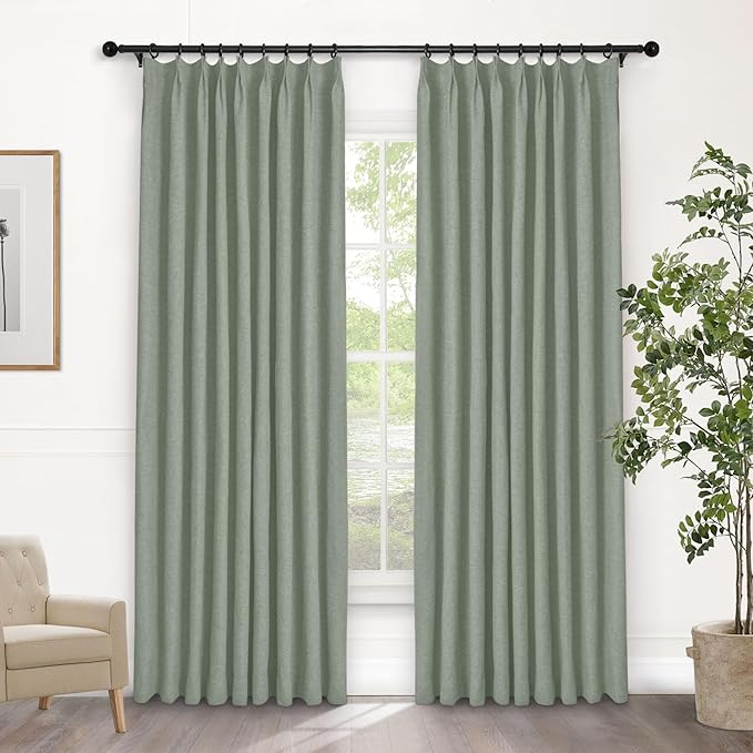 Macochico Pinch Pleated Blackout Curtains 102 Inches Long 100% Blackout Natural Linen Drapes for Bedroom Living Room Windows Farmhouse Burlap Curtains with Tieback 52”Wx102”L Fog Green 1 Panel