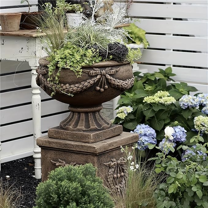 Vintage Garden Urn Planter with Pedestal, Cement and Fiber, Maked Bronze Color, Decorative Leaf Pattern, 30 Inch Height, Wrap Foam Safely Delivered from Local Warehouse (Bronze)