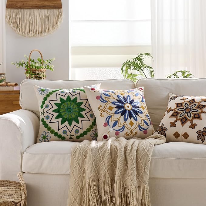 Embroidered Throw Pillow Cover 18x18 Classic Boho Floral Pattern Pillows Cover Outdoor Decorative Pillowcase,Durable Cozy Textured Cushion Case for Sofa Couch Bed Living Room,Green