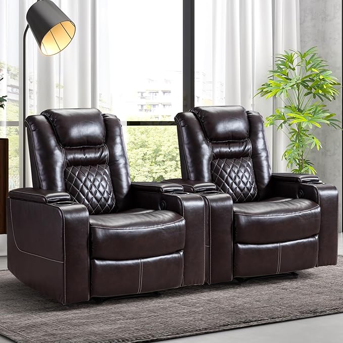 CANMOV Electric Power Recliner Chair Set of 2, Breathable Leather Home Theater Seating with Hidden Arm Storage, Power Recliner Chair for Living Room with USB Ports and Cup Holders,Brown