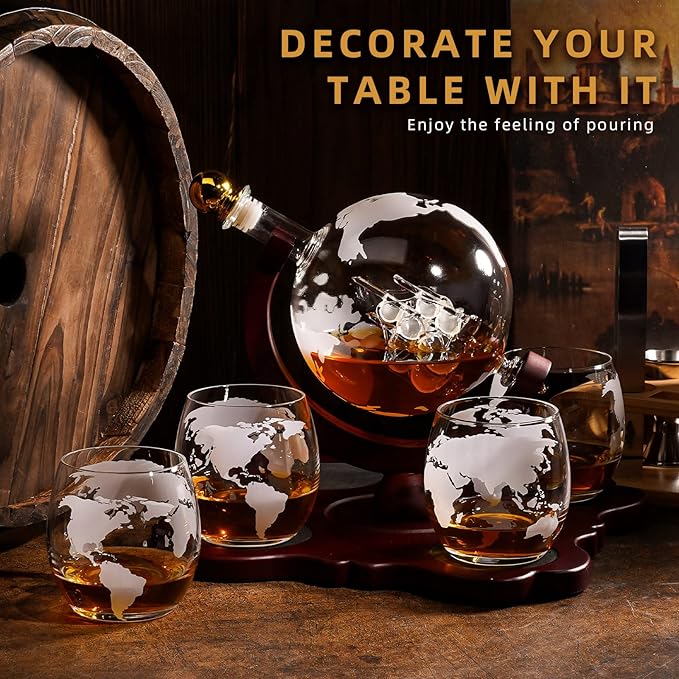 Gifts for Men Dad Husband Christmas, Whiskey Globr Decanter Set with 4 Etched Globe Glasses, Unique Anniversary Birthday Gifts for Brother Boyfriend, Cool Stocking Stuffers Bourbon Whikey Gifts