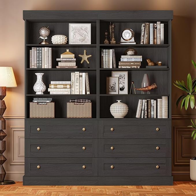 Vyre 71" Tall Farmhouse Bookshelves with Drawers, Set of 4 – Large Modular Bookcase with Adjustable Shelves, Storage Cabinet for Living Room, Kitchen, Home Office, Black