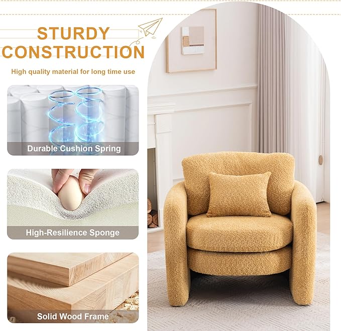 Chenille Accent Armchair Oversize Upholstered Barrel Comfy Modern Round Lounge Sofa Chair with Pillow Cozy Reading Chairs for Apartment,Office,Living Room,Dining,Makeup,Club,Yellow 2SET