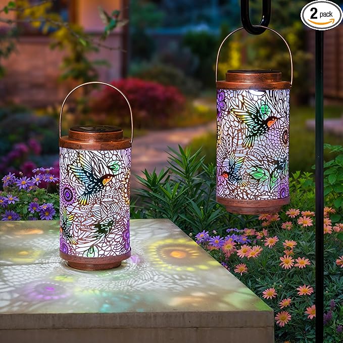 2Pack Solar Lanterns Outdoor Waterproof Hummingbird Colorful Garden Gifts for Mom, Multicolor Solar Lights Lantern for Backyard Garden, Pathway, Outside, Mothers' Day Gifts for Grandma Women