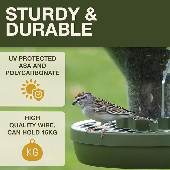 SWISSINNO No Mess Bird Feeder Davos Smart Birds - No Spill Bird Feeder for Outdoor - Mice & Rat Proof - Robust & Reliable for Hanging - Dual Food Chambers - Made in EU - Green
