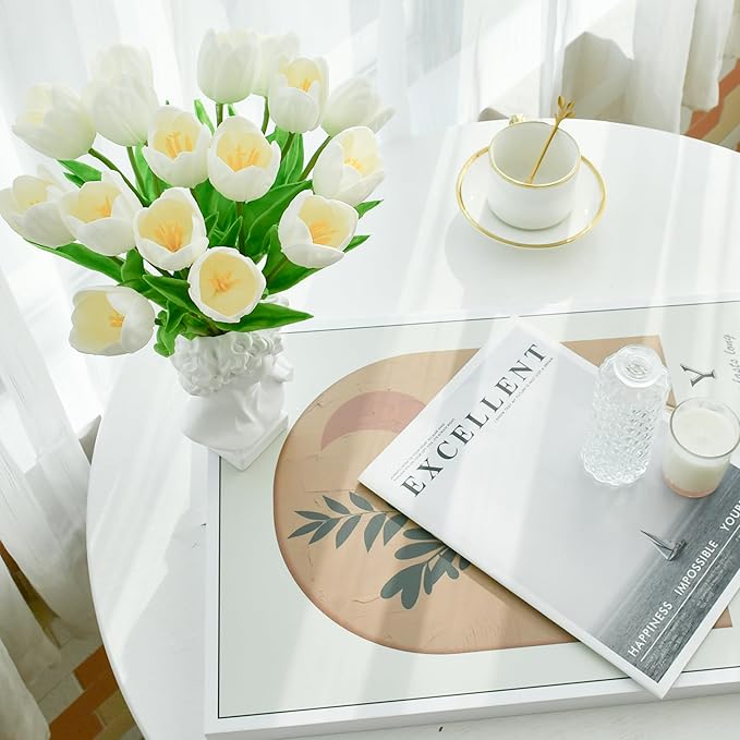 Mandy's Artificial Tulips 12 Stems White Partially Open PU Faux Flowers for Wedding Home Decor 13.5 Inch