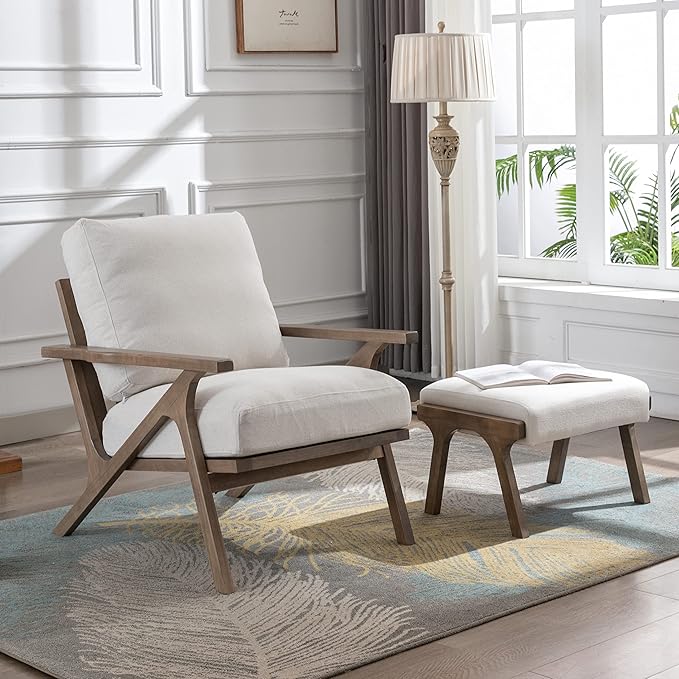 chairus Mid-Century Modern Accent Chair with Ottoman, Linen Fabric Armchair with Wood Legs Comfy Upholstered Single Sofa Chair for Living Room/Bedroom/Lounge, White