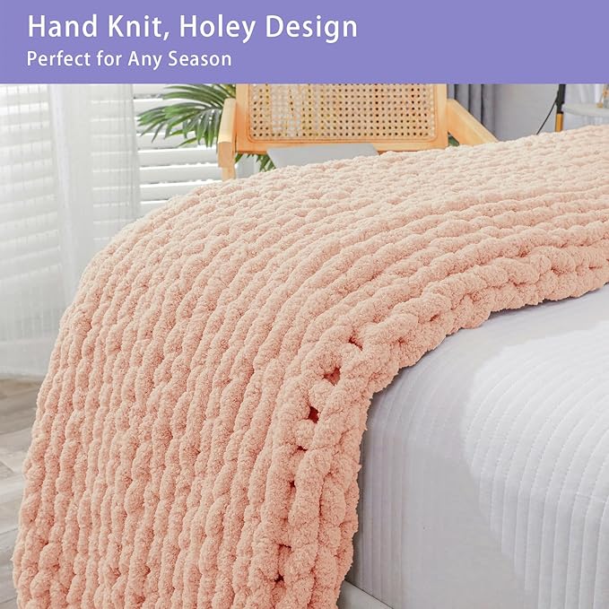 Bigacogo Chunky Knit Throw Blanket for Couch, 40x60 inches, 100% Hand Knitted with Thick Jumbo Chenille Yarn, Cozy Soft Large Rope Knot Cable Crochet Blankets for Sofa Bed Living Room, Peach Fuzz