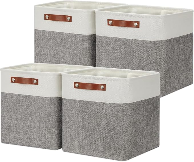 DULLEMELO [Set of 4 Storage Cubes Baskets for Organizing, 12 x 12 x 12 inch Cube Storage Organizer Bins with Leather Handles, Foldable Fabric Cloth Bins for Cube Storage(4 Pack - 12" White&Grey)