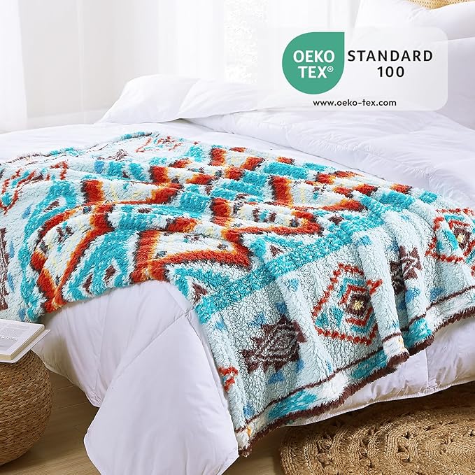 CASAAGUSTO Boho Sherpa Throw Blanket, Aztec King Size Blanket, Ultra Soft, Warm, Cozy, Plush, Thick Fleece Bohemian Throw Blanket for Couch, Bed, Sofa (Aqua 108 * 90 Inch)