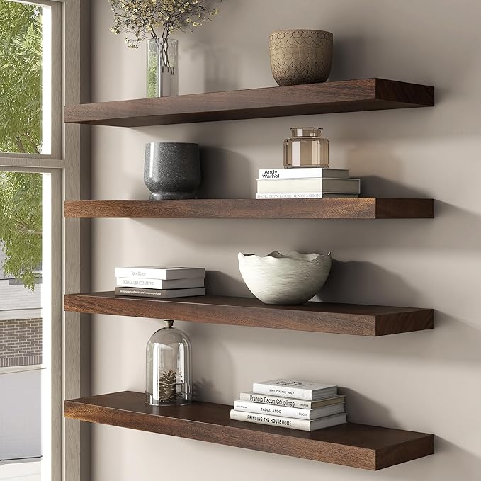 Floating Shelves for Wall, USA-Sourced Walnut Wood 24 Inch Wall Shelves Set of 2, Natural Wooden Wall Mounted Picture Ledge Shelf, Nursery Book Storage Shelf Kids Bookshelf, Display Shelf for Bathroom